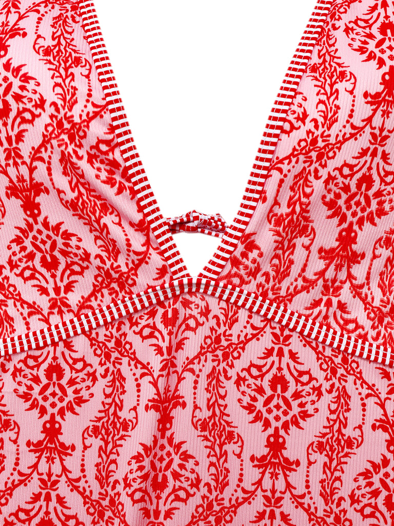 Red 1970s Deep V-Neck Halter Baroque Prints Swimsuit