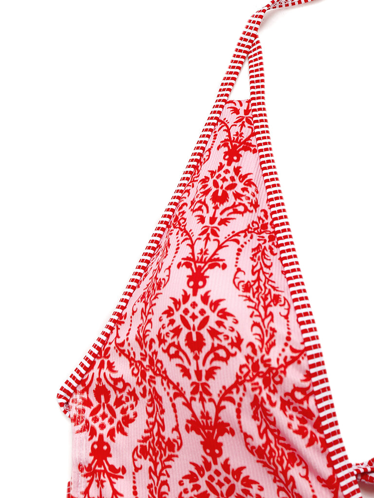 Red 1970s Deep V-Neck Halter Baroque Prints Swimsuit