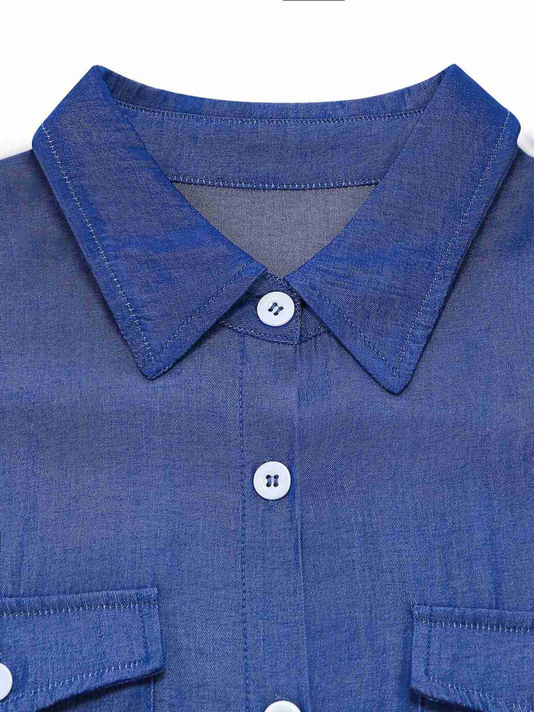 Blue 1970s Long Sleeves Shirt Midi Dress