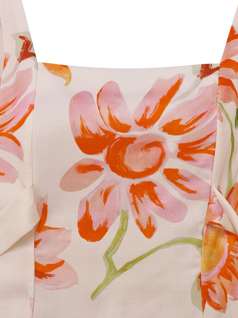 1940s Floral Backless Wide Strap Dress