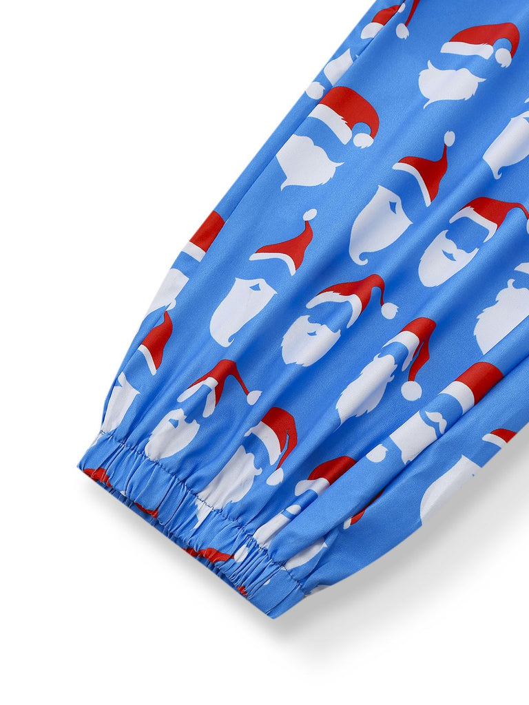 Blue 1960s Santa Claus Print Overalls Jumpsuit