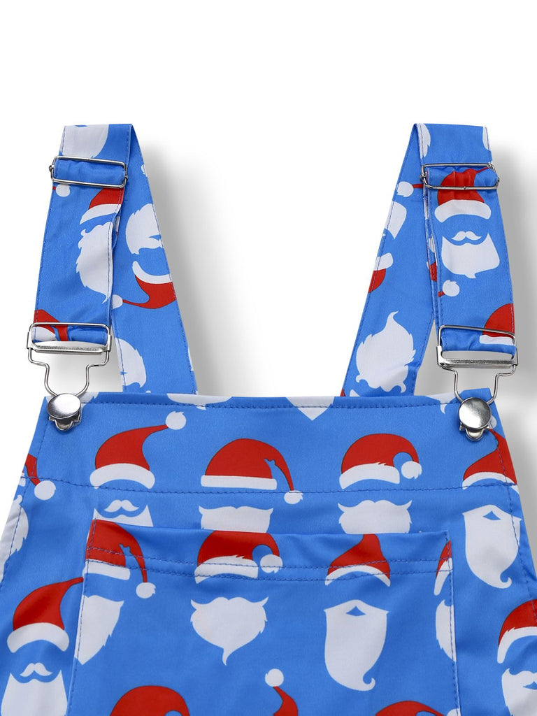 Blue 1960s Santa Claus Print Overalls Jumpsuit