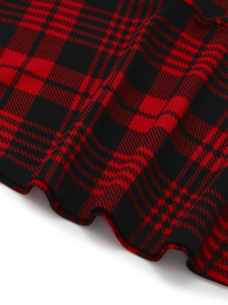 Red 1970s Plaids Button Suspender Skirt