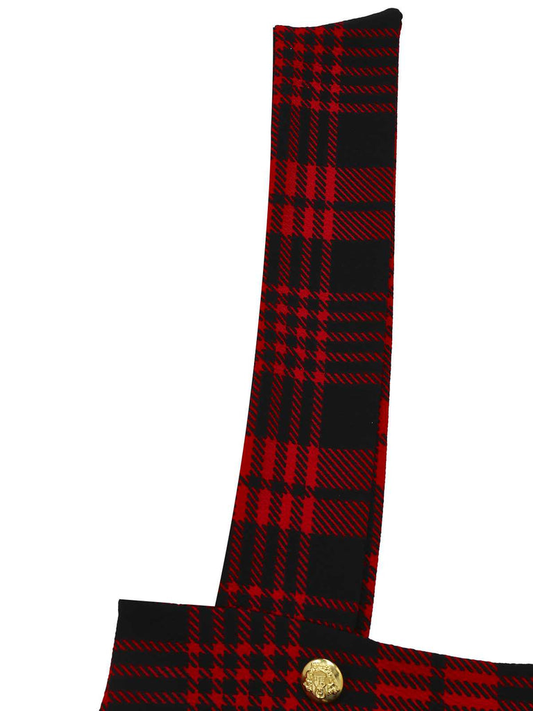 Red 1970s Plaids Button Suspender Skirt