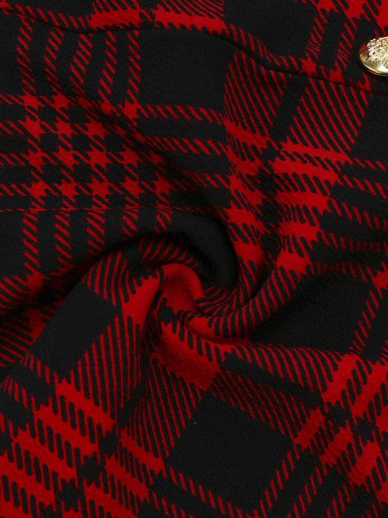 Red 1970s Plaids Button Suspender Skirt