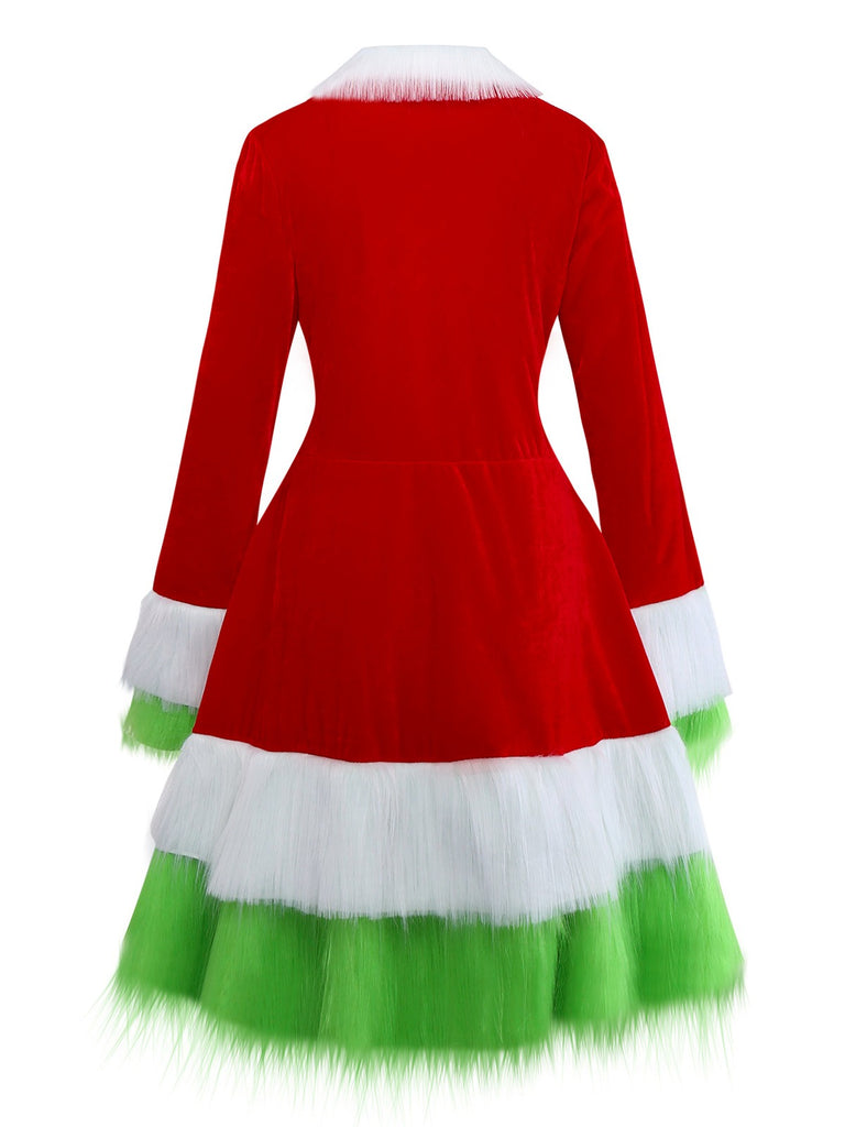 Red & Green 1940s Christmas Grinch Fur Trimmed Dress