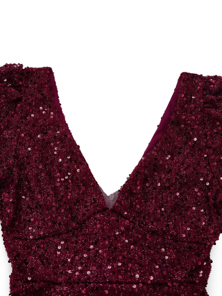 Wine Red 1930s Sequin Bow Maxi Mermaid Dress