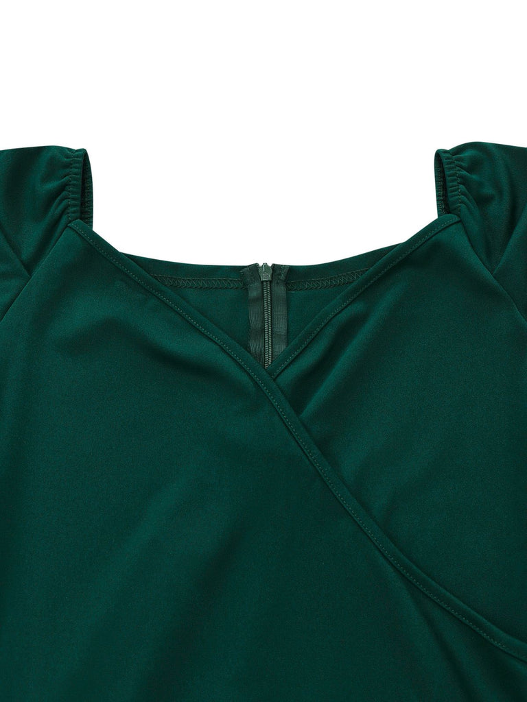 1930s Solid Ruched V-Neck Belted Jumpsuit