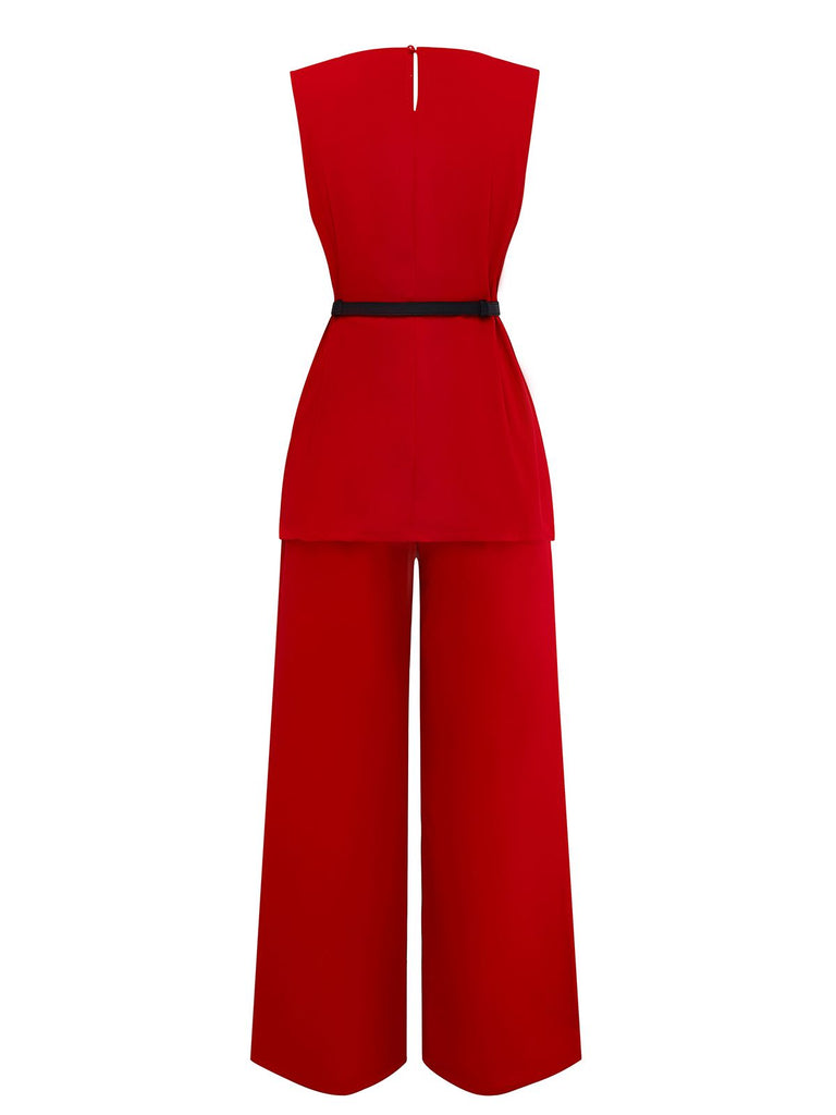 2PCS 1960s Sleeveless Vest & Belted Waist Pants