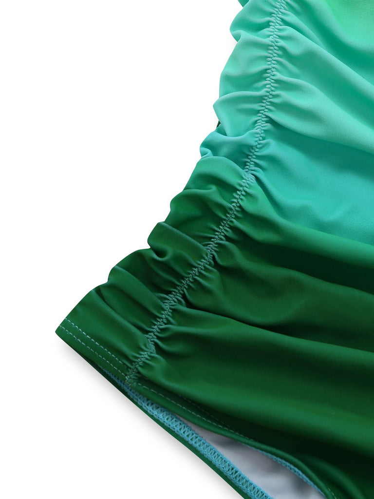 Ombre Green 1930s Ruched One-Piece Swimsuit