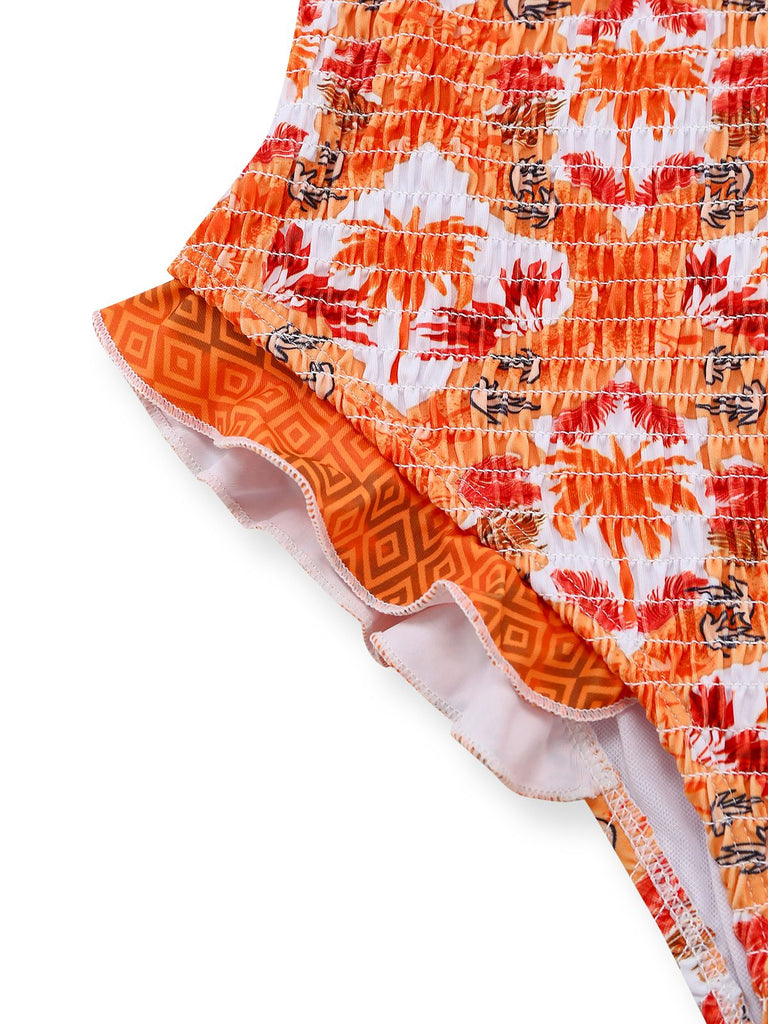 Orange 1960s Tropical Coconut Palm Tree Print Swimsuit