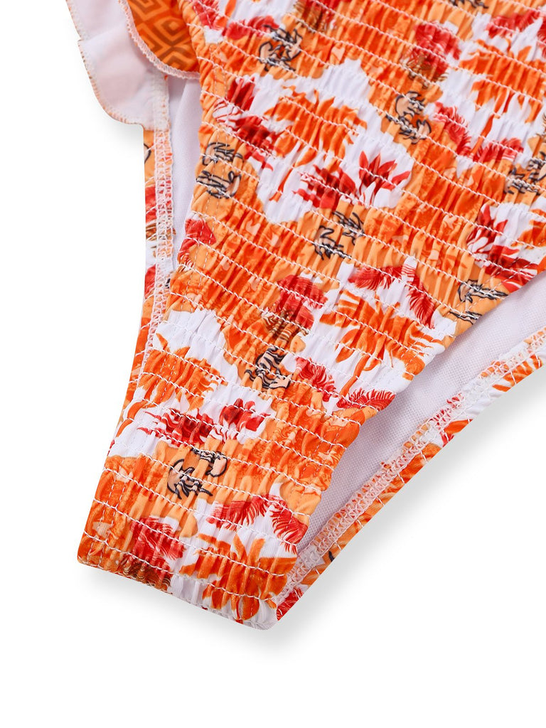 Orange 1960s Tropical Coconut Palm Tree Print Swimsuit