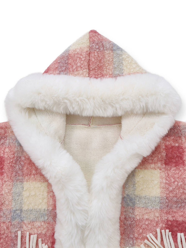 Pink 1930s Plaid Flannelette Fringed Hem Hooded Coat