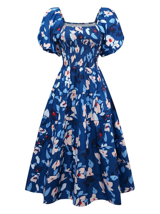 Blue 1940s Floral Puff Sleeves Off-Shoulder Dress