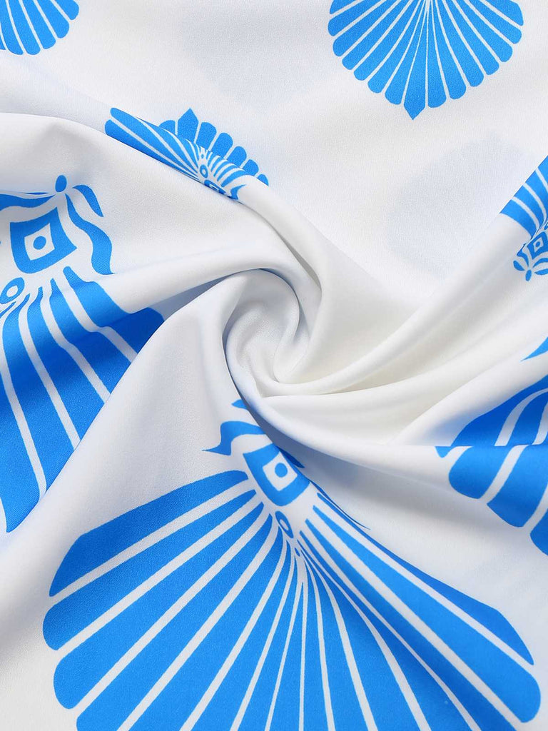 Blue 1930s Spaghetti Strap Seashell Print Belted Jumpsuit