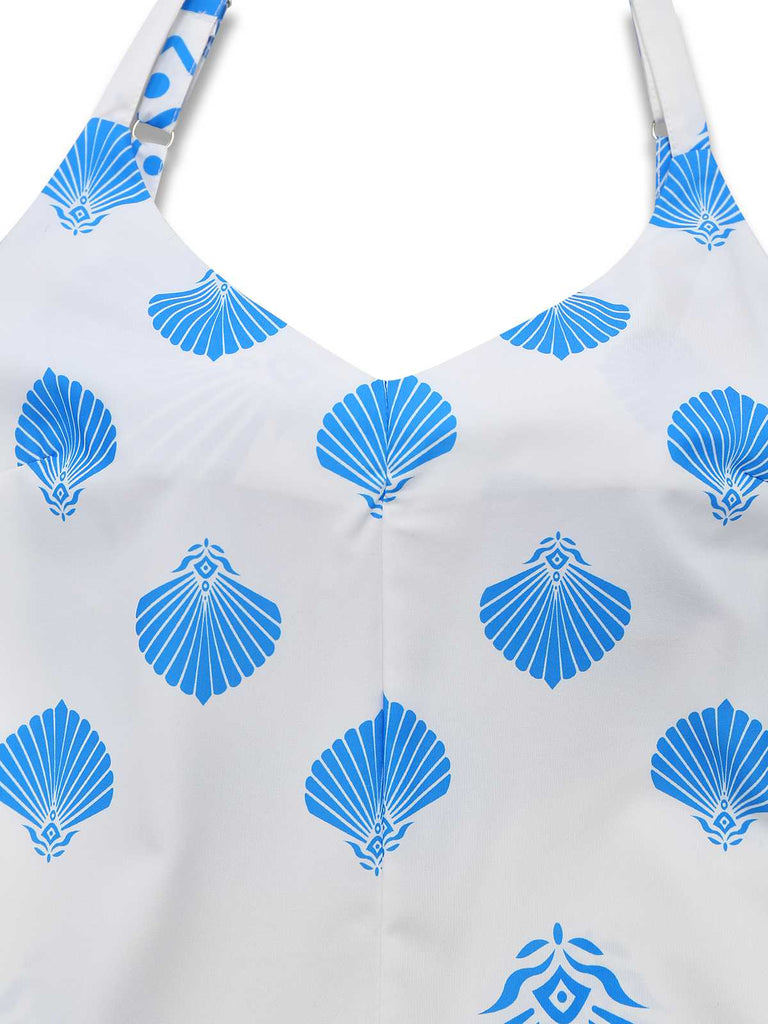 Blue 1930s Spaghetti Strap Seashell Print Belted Jumpsuit