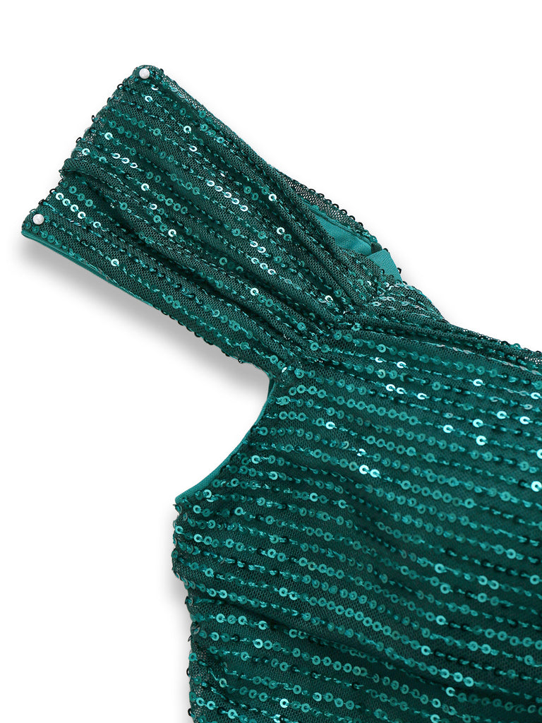 1930s Off-Shoulder Glitter Slit Maxi Dress