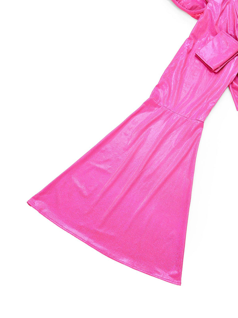 [Pre-Sale] Pink 1970s Metallic Deep V-Neck Disco Jumpsuit