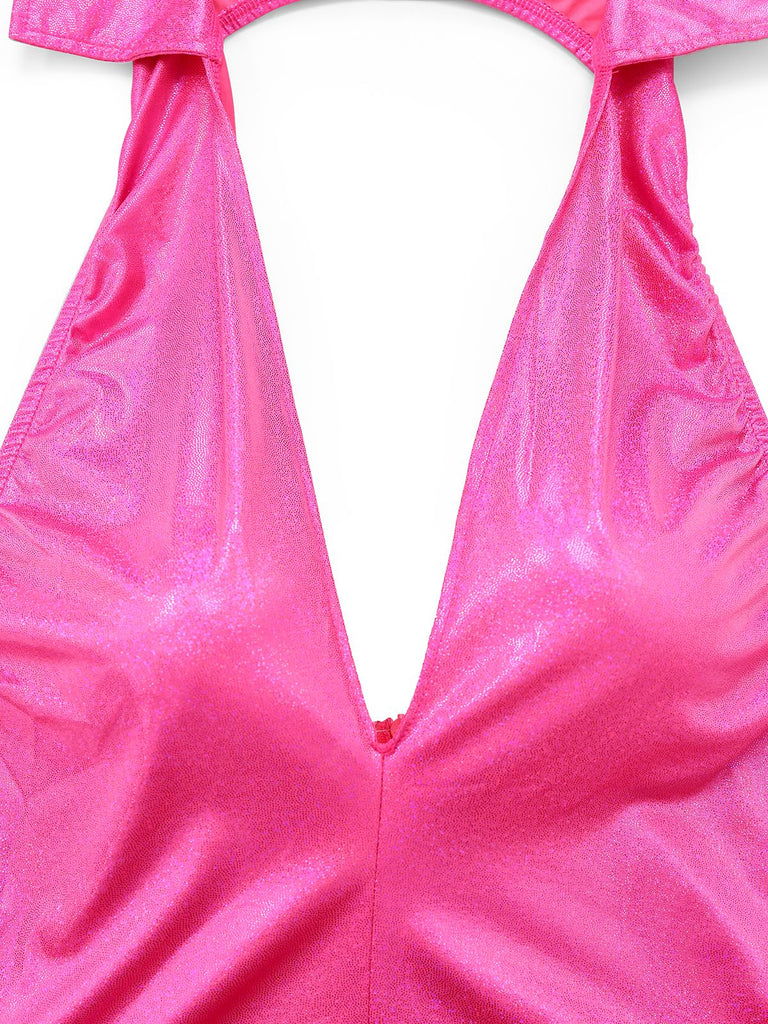 [Pre-Sale] Pink 1970s Metallic Deep V-Neck Disco Jumpsuit