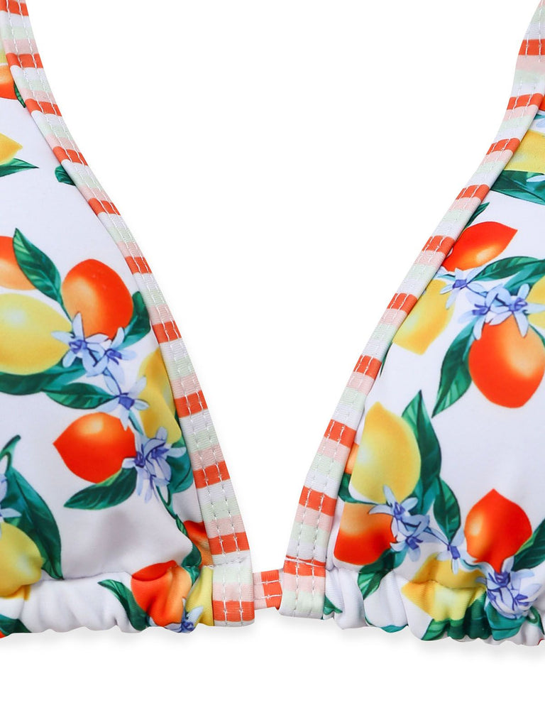 White 1960s Citrus Triangle-Strap Bikini Set