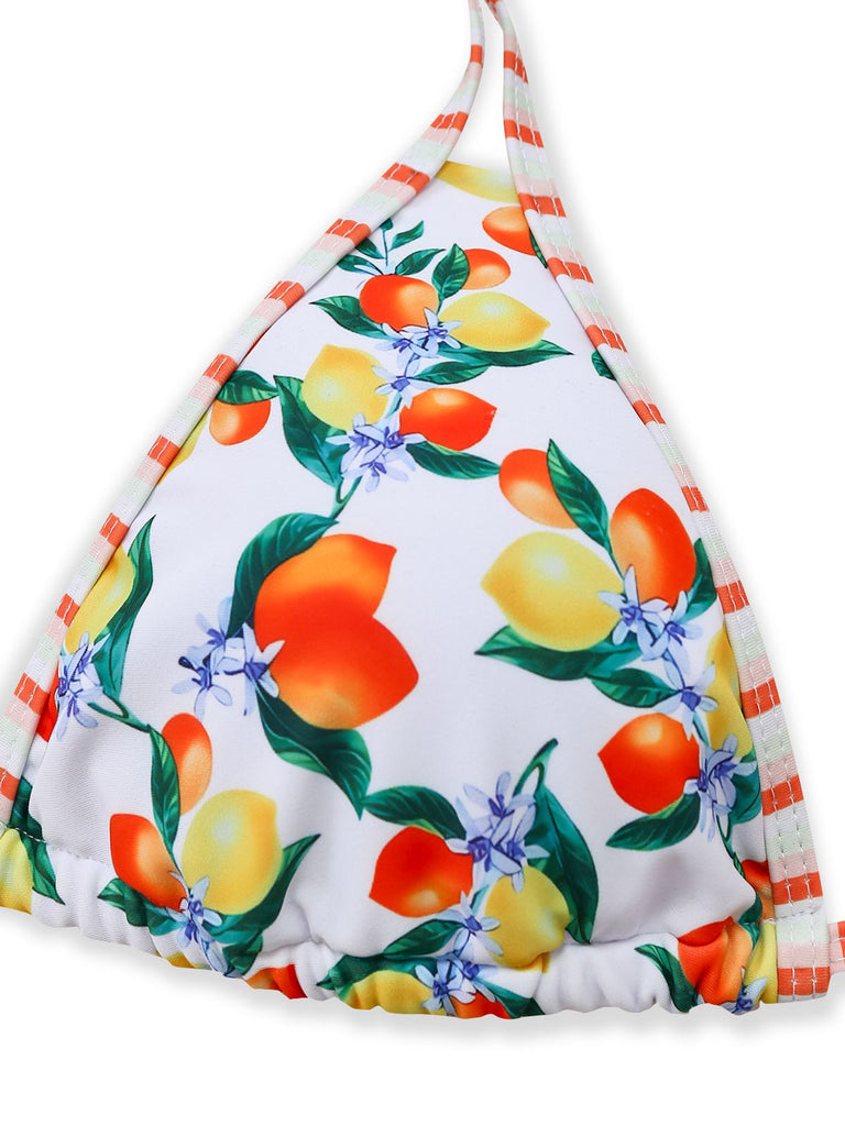 White 1960s Citrus Triangle-Strap Bikini Set