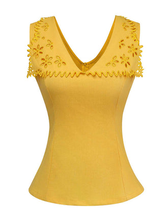 Yellow 1960s Cutout Floral Sleeveless Blouse