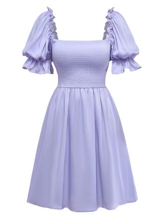 1960s Square-Neck Puff-Sleeve Smocked Stretch Mini Dress