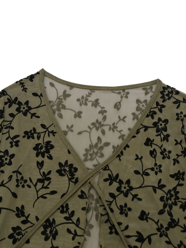 1980s Sheer Botanical Print Lace-Up Cardigan