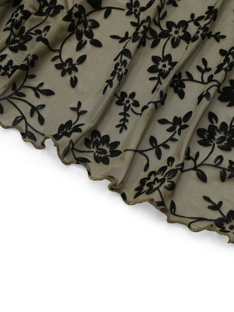 1980s Sheer Botanical Print Lace-Up Cardigan