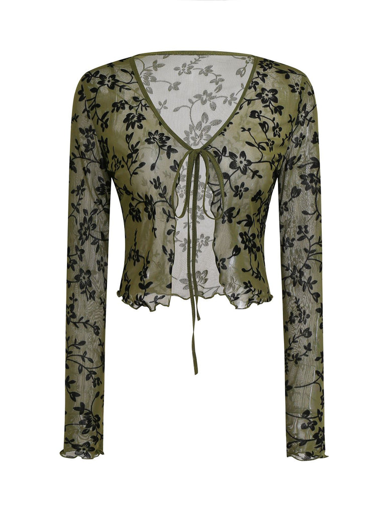 1980s Sheer Botanical Print Lace-Up Cardigan