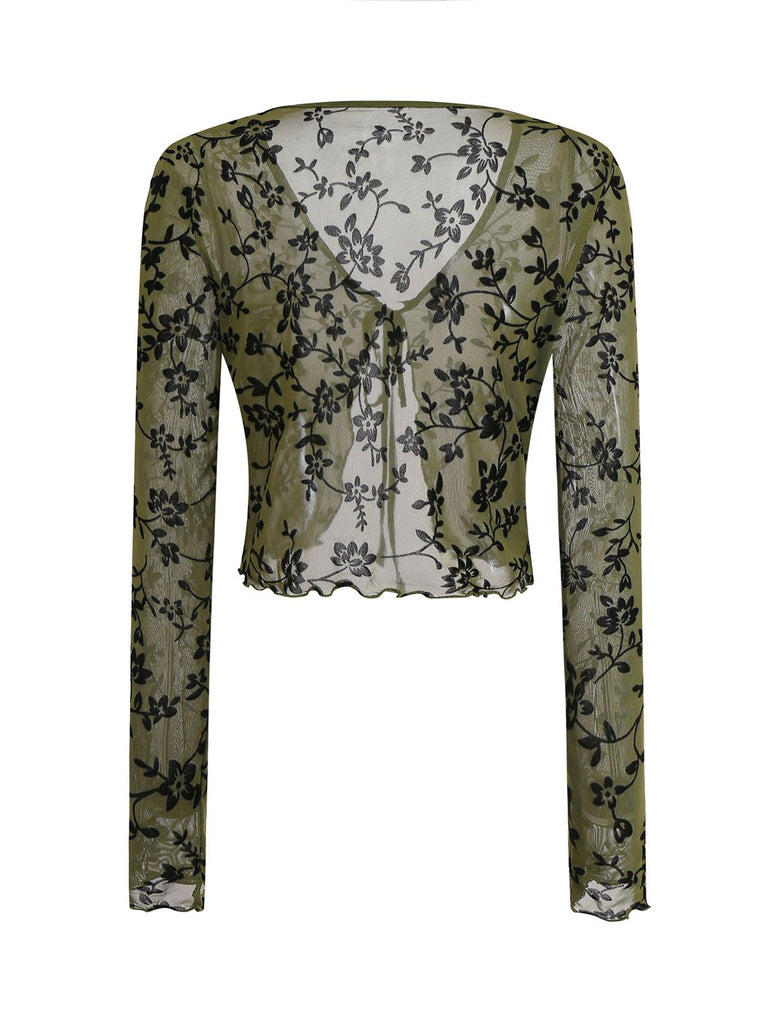 1980s Sheer Botanical Print Lace-Up Cardigan
