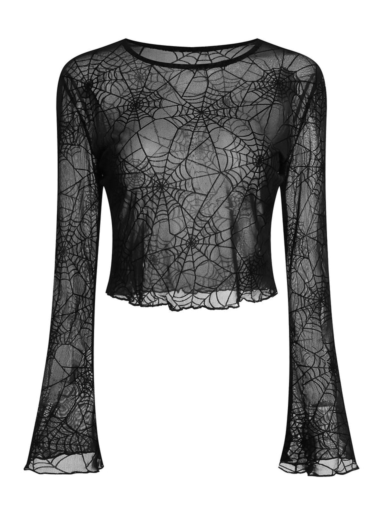 Black 1970s Sheer Spider Web Bishop Sleeve Top