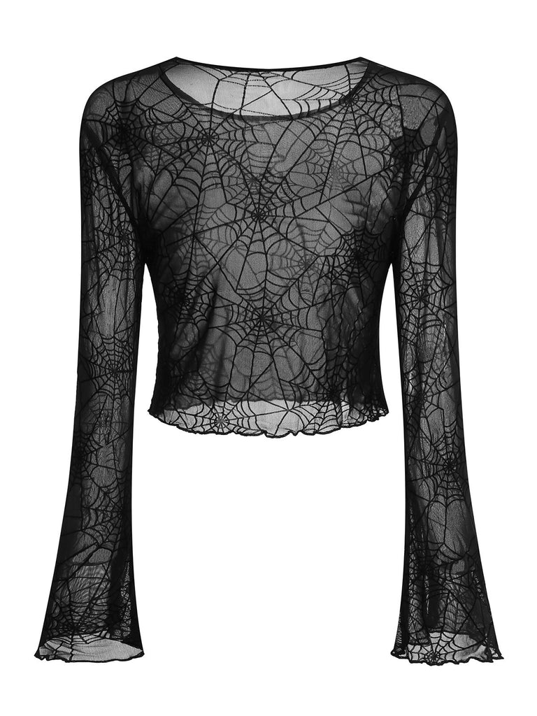 Black 1970s Sheer Spider Web Bishop Sleeve Top