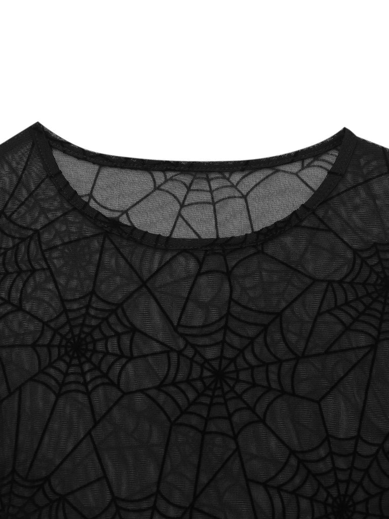 Black 1970s Sheer Spider Web Bishop Sleeve Top