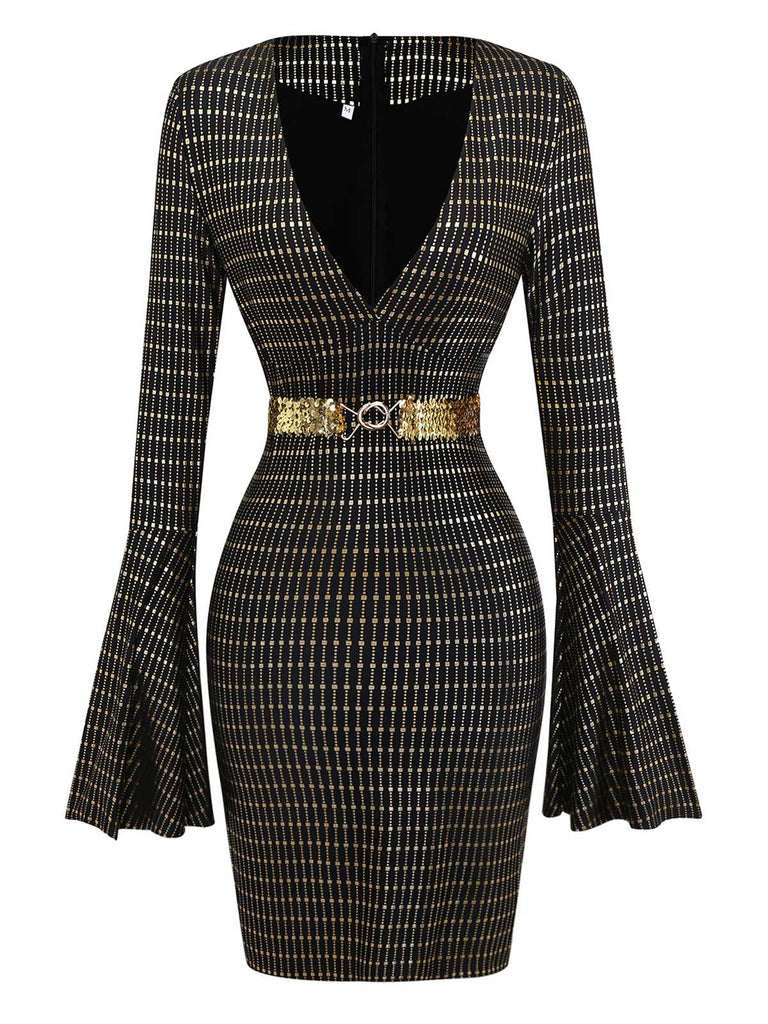 Black 1970s Bell Sleeve Sheer Belted Disco Dress