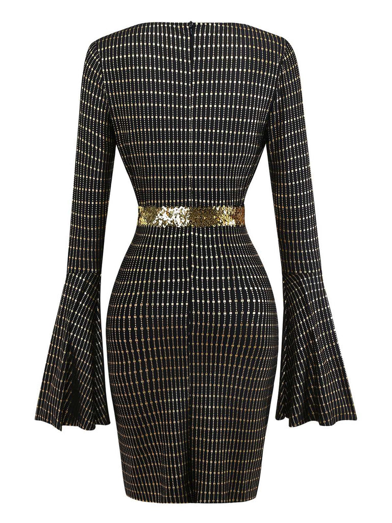 Black 1970s Bell Sleeve Sheer Belted Disco Dress