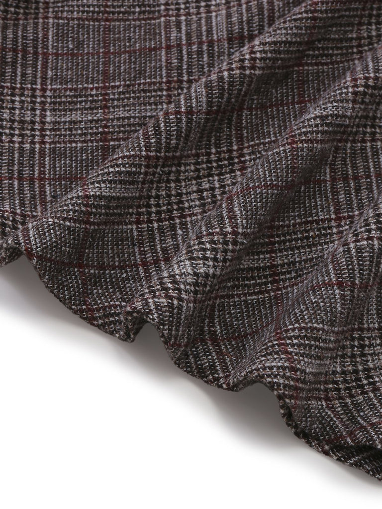 2PCS 1980s Chiffon Ruffled High-Neck Blouse &  Lace-Up Plaid Skirt