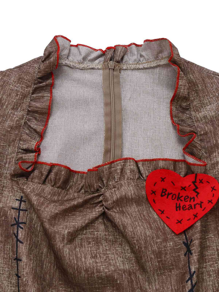 Brown 1960s Halloween Heart Patch Evil Doll Tattered Dress