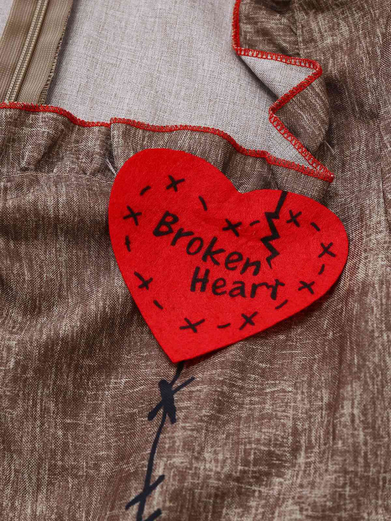 Brown 1960s Halloween Heart Patch Evil Doll Tattered Dress