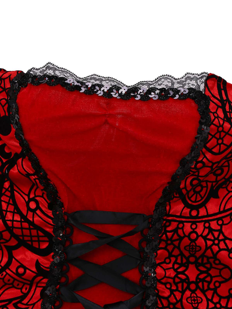 Red 1980s Velvet Lace Sequined Strapless Dress & Cape