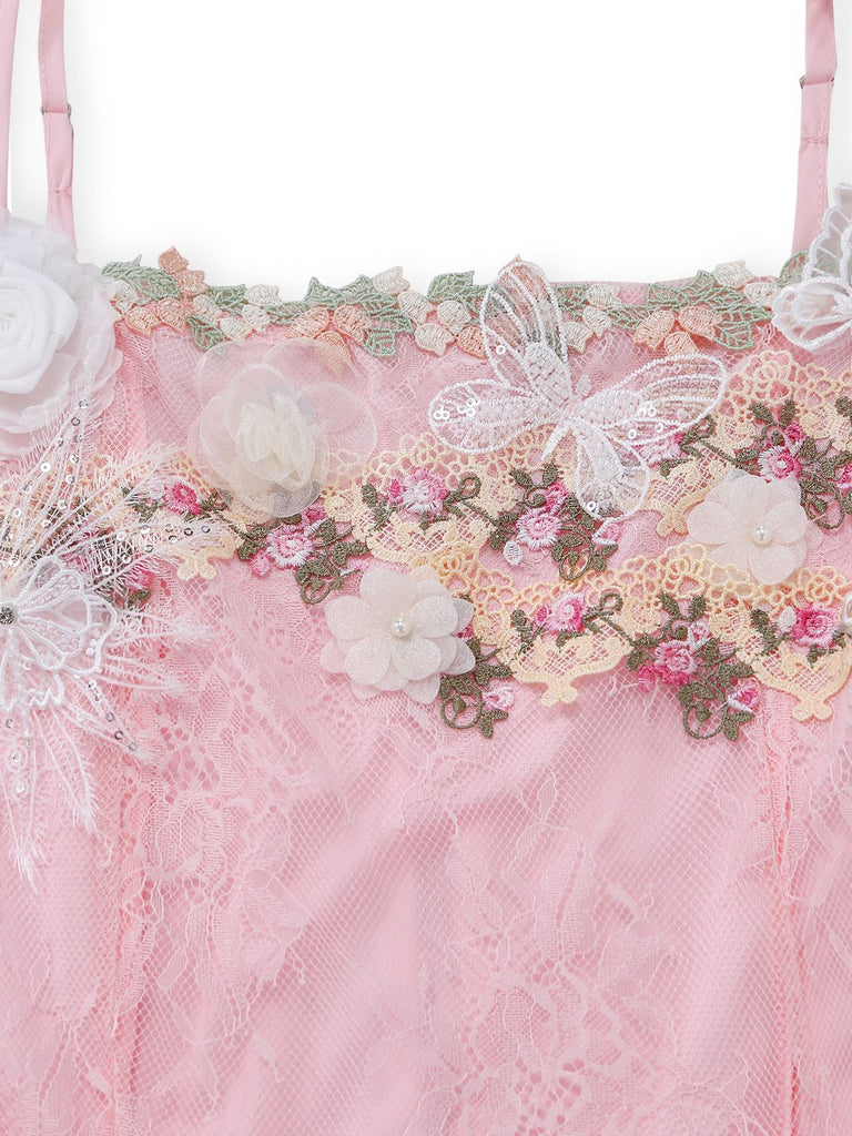 Pink 1940s Floral Lace Spaghetti-Strap Maxi Dress