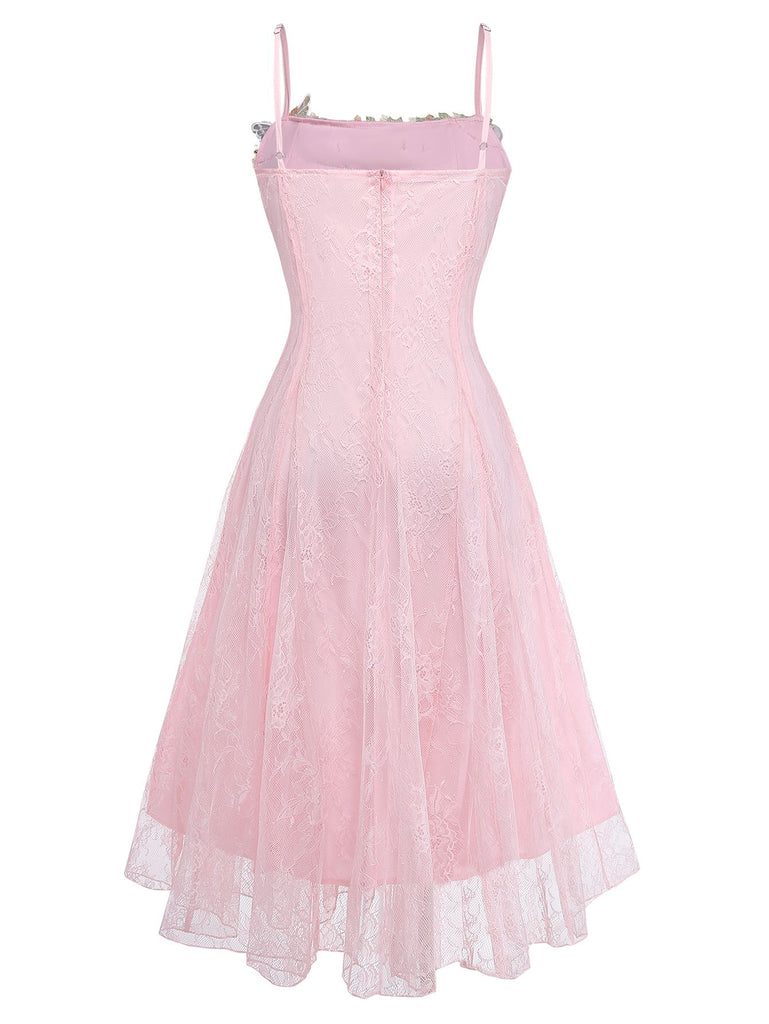 Pink 1940s Floral Lace Spaghetti-Strap Maxi Dress
