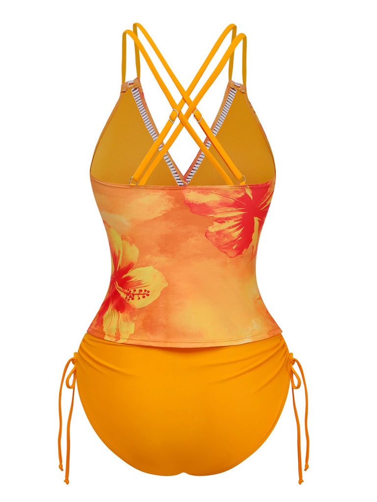 1950s V-Neck Floral Patchwork Tankini Set