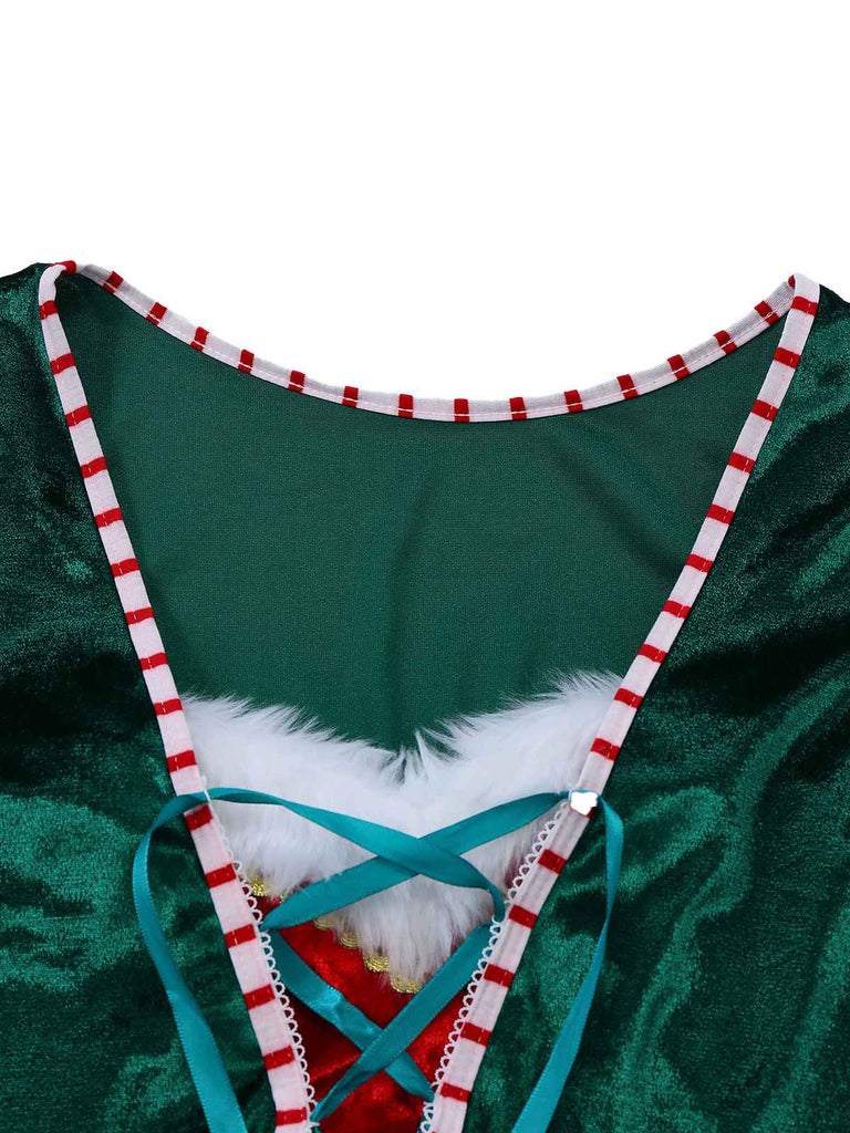 1960s Christmas Green V-Neck Top & Red Fur Trimmed Skirt