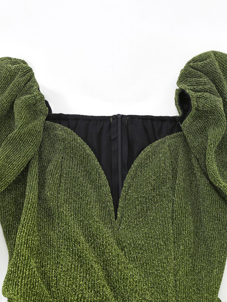 Green 1960s Ruched Puff Sleeve Midi Dress