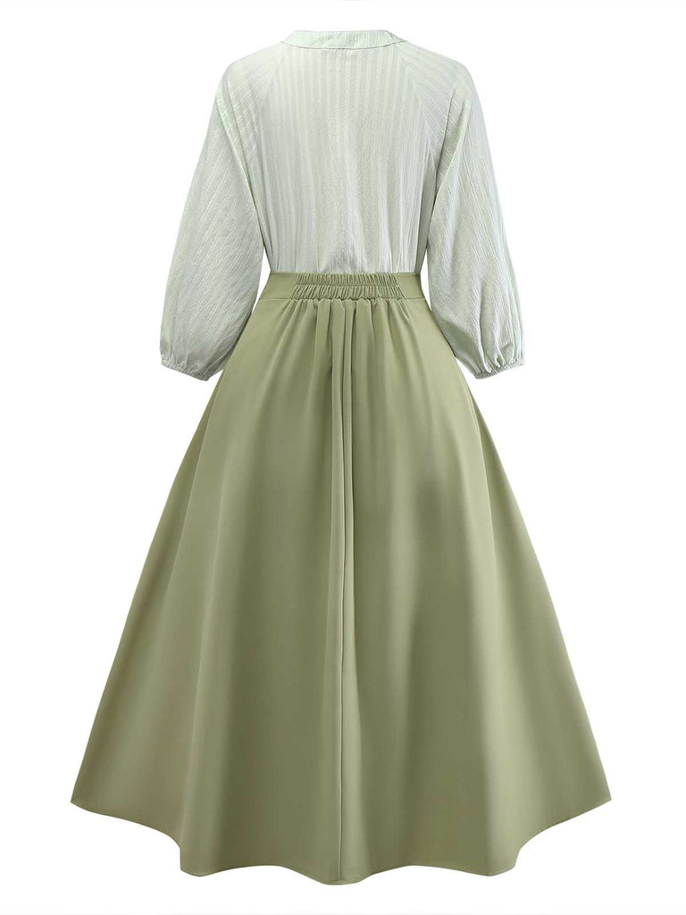 2PCS Green 1980s Tie-Neck Blouse & Solid Skirt