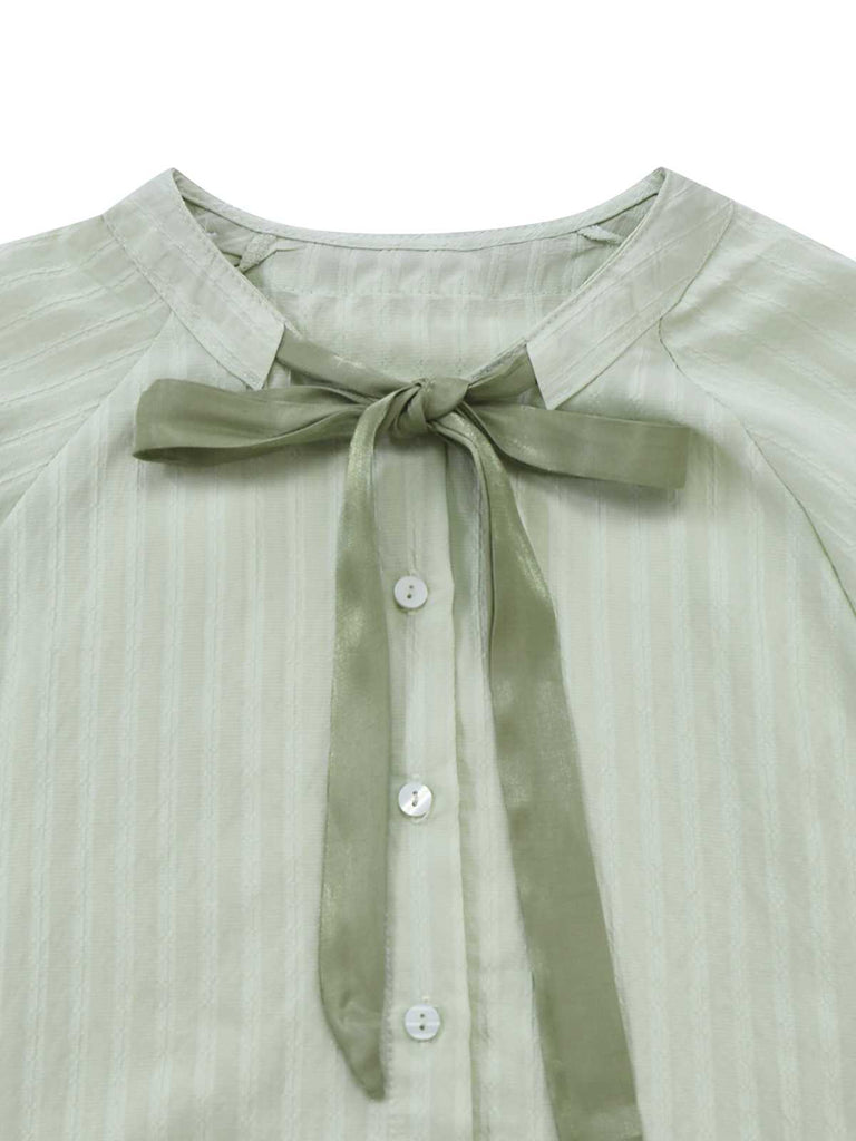 2PCS Green 1980s Tie-Neck Blouse & Solid Skirt