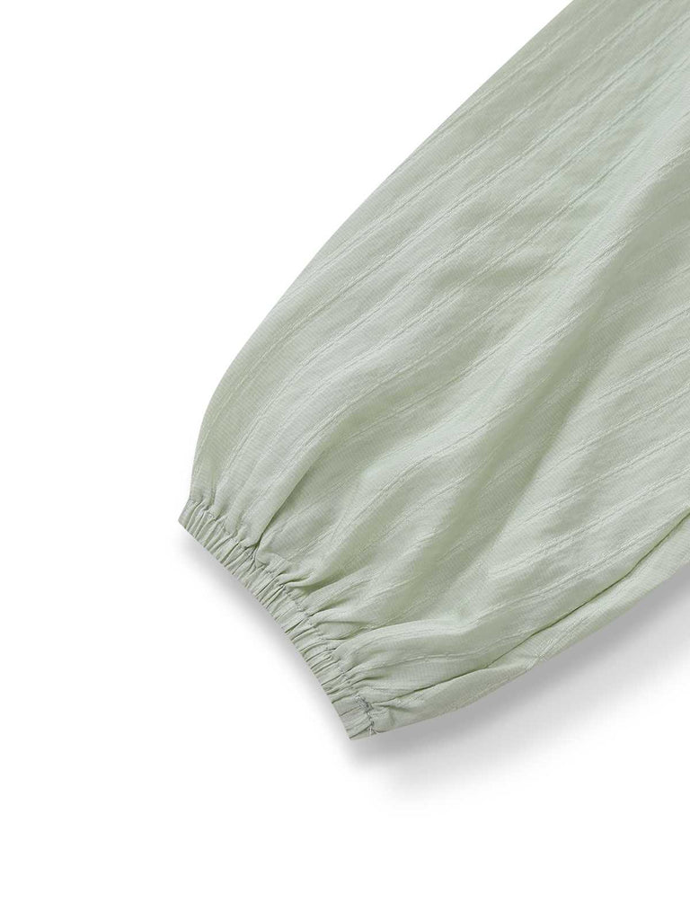 Green 1980s Tie-Neck Puff Sleeve Blouse