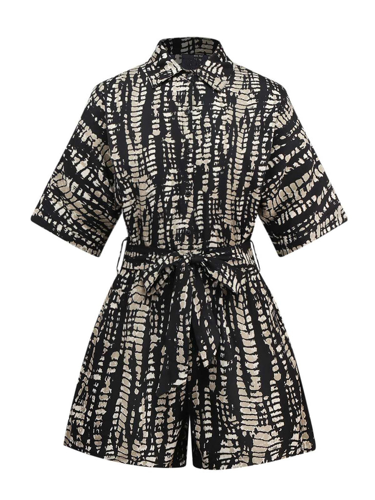 1950s Print Tie Waist Shirt Romper