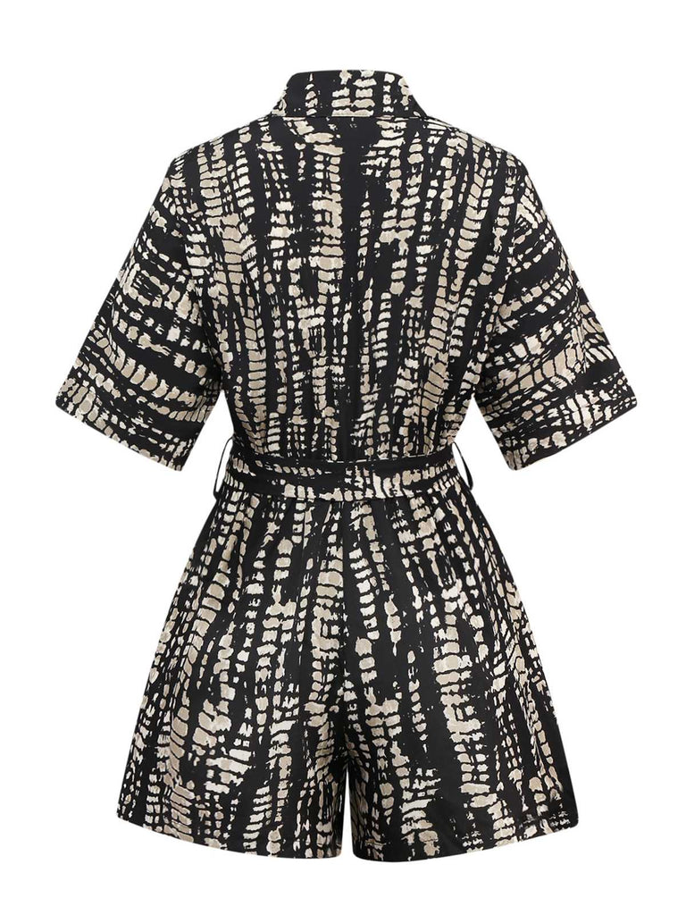 1950s Print Tie Waist Shirt Romper
